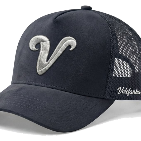 Voléfanka trucker cap in navy, silver V on the front panel